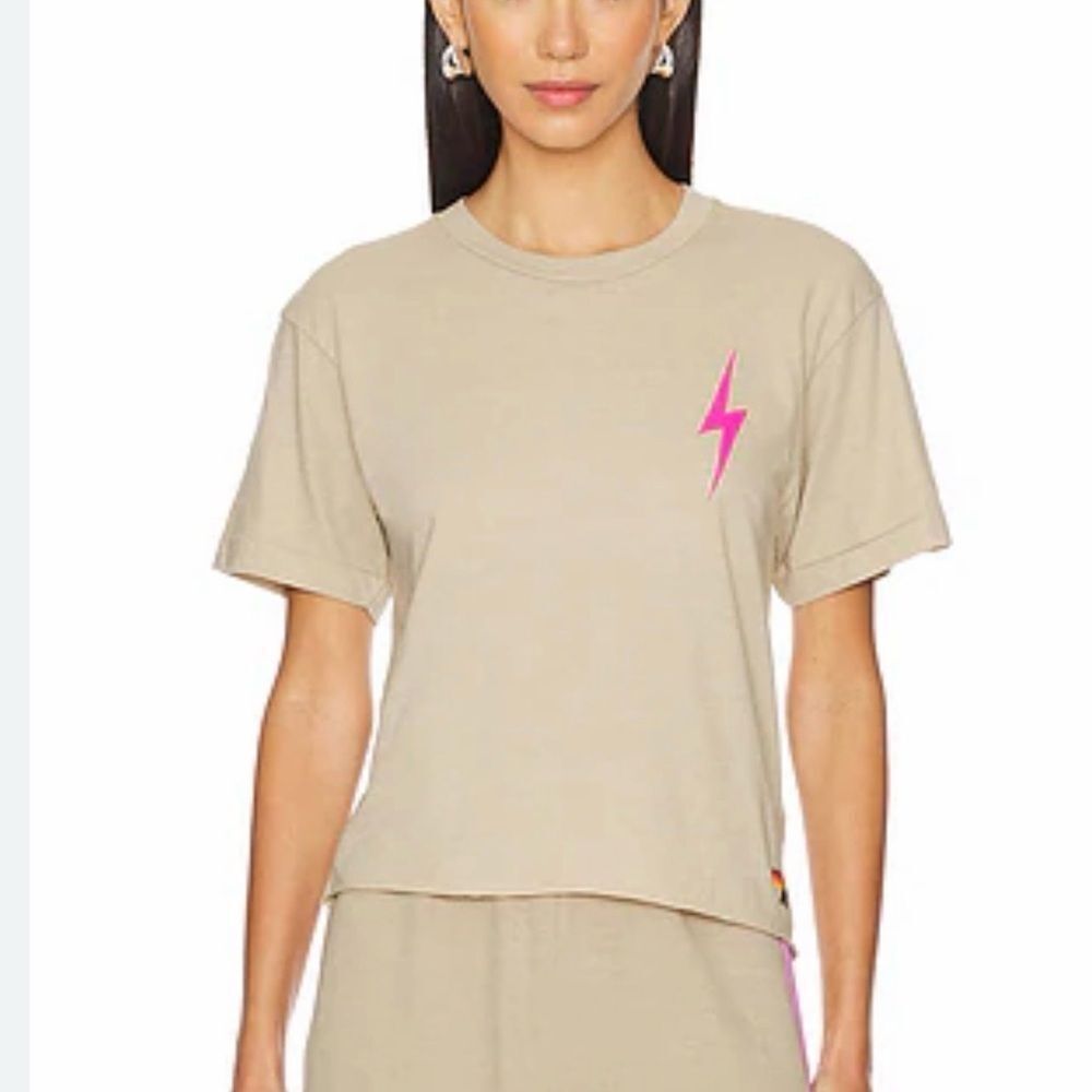 Aviator Nation Bolt 2 Boyfriend T-shirt in Sand/neon Pink - Picture 1 of 4